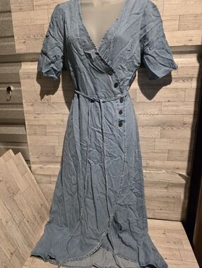 GAP Light Blue Denim Wrap Maxi Dress with Button Detail